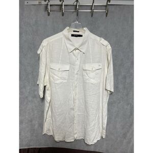 VTG Sean John Shirt 4XL Cream Linen Army Button Classic Flap Pocket Epaulet Y2K